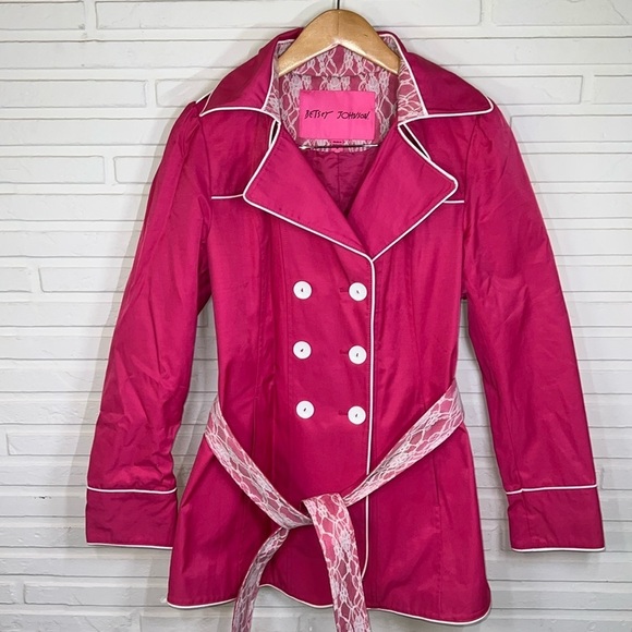 Betsey Johnson Jackets & Blazers - Betsey Johnson Hot Pink Lace Double Breasted Trench Coat, Women’s Size Medium